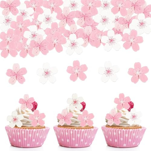 ENLACE 60 Stück Essbare Tortendeko Blumen,Essbare Blumen für Torte aus Esspapier,Kirschblüte Tortendeko Essbar,Blüten Deko Torte,Cupcake Topper Essbar,Kuchen Deko zum Hochzeits,Geburtstag
