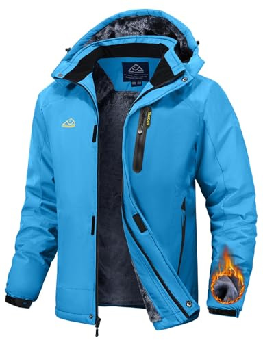 Rdruko Giacca da sci invernale da uomo, da snowboard, in pile caldo, imbottita, impermeabile, funzionale, da uomo, per attività all'aria aperta, con cappuccio, Blu, XL