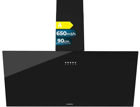 Cecotec Dunstabzugshaube Dekorativ 90cm Bolero Flux DM 906500 Glass Black A. 165W, Niedriger Energieverbrauch, Front aus schwarzem Glas, Absaugung 650m³/h, Mechanische Steuerung, 3 Leistungsstufen