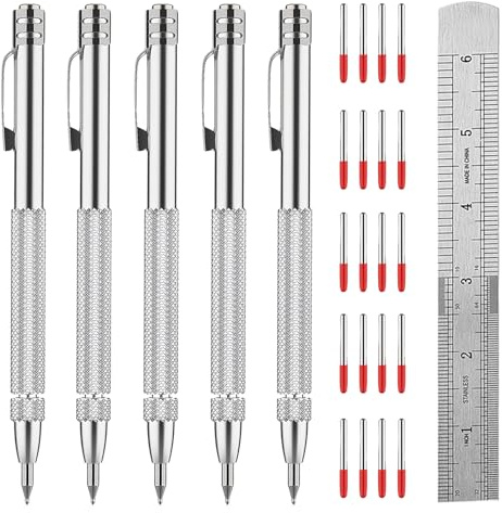 Ywmoml Set di 5 pennarelli in carburo di tungsteno per lavorazione dei metalli, con 20 punte e righello da 20,3 cm, strumento magnetico zigrinato per incisione, per acciaio, vetro, ceramica, kit per