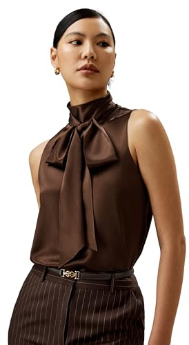 LilySilk Chemisier en Soie Pure pour Femme, Blouse sans Manches pour Femme, Coupe décontractée, avec nœud au col, Haut Polyvalent Facile à Assortir avec différents vêtements XL, Chocolat