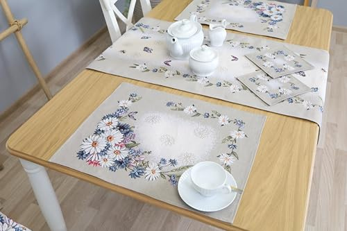 Bordstabletter tvättbara set om 4, 35 x 45 cm, bordsunderlägg tyg 100 % jacquard gobeläng, underlägg hög kvalitet återanvändbara för bröllop, födelsedag, kök, café – tusensköna