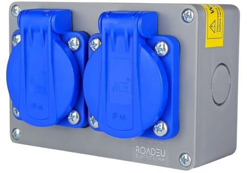 RoadEu Scatola di Distribuzione IP44 da Parete | 2 Prese Schuko 230V/16A | Doppia Presa Pre-cablata con Pressacavo PG13,5 | Quadro Elettrico per Officina, Garage & Cantiere