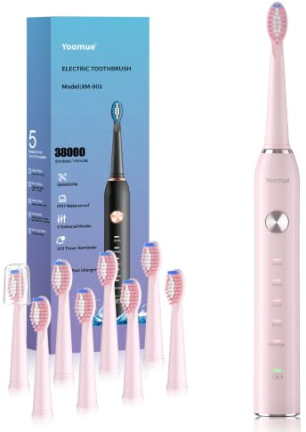 Yoomue Sonic Electric Toothbrush for Adults & Kids - 5 High-Performance Modes, 8 Replacement Heads, 2.5-Hour Fast Charge, Built-in Smart 2-Minute Timer, IPX7 Waterproof, 35 Day Battery Life - Pink