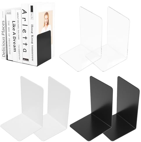 6 Pcs Sujetalibros Plástico,Sujetalibros Estanteria,Atril para Libross, Sujeta Libros Estanteria, Apoya Libros Decorativo, Bookends para Libreria Biblioteca Estanterías(Blanco,Negro,Transparente)