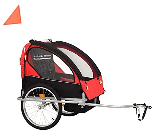 Rimorchio per bicicletta e passeggino 2 in 1, nero e rosso, in tessuto Oxford con telaio in acciaio, pieghevole, portata 40 kg, con cintura di sicurezza, freno a mano, catarifrangenti, gagliardetto