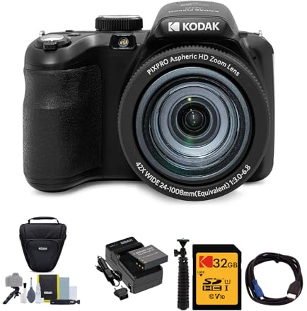 KODAK PIXPRO AZ425 Astro Zoom 20MP Digital Camera (Black) Bundle with 32GB SD Card, Holster Case and Accessory Kit, Battery and Charger Kit, Cable, and Tripod (6 Items)
