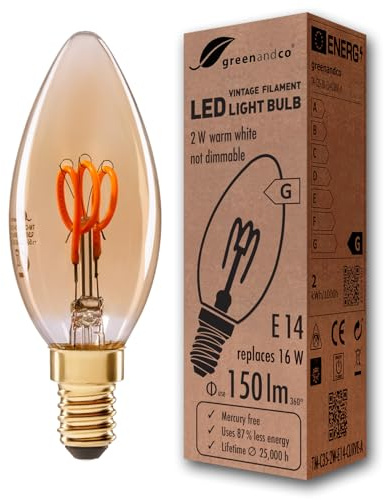 greenandco Bombilla de filamento LED Vintage E14 2W (corresponde a 16W) 150lm 2000K (blanco cálido) 360° 230V vidrio, no regulable