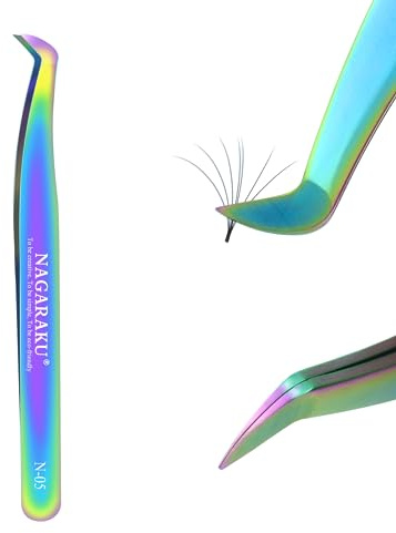 NAGARAKU Pinzas Volumen Pestañas Curvas Punto Precisión Sin Brecha Pinzas de Fan Depilar Profesional Acero Inoxidable De Colores Con Tapas Protectoras En Las Puntas Tweezer Para Voluminosas (N-05）
