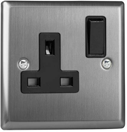 Varilight Single Switched Socket - Classic Brushed Steel With Black Insert