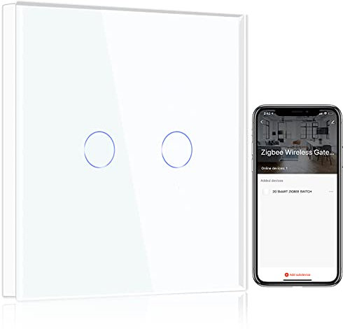 BSEED Smart ZigBee Lichtschalter, intelligenter Wandschalter Kompatibel mit Alexa und Google Home, 2 fach 1 Weg Unterputz Schalter mit Glaspanel 250V Weiß (Hub erforderlich)