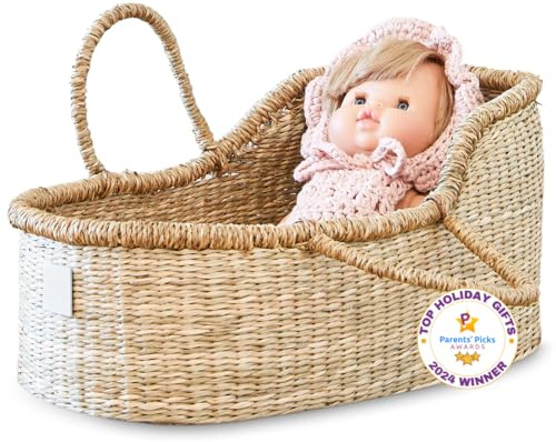 BEBE BASK Premium Baby Doll Bassinet - Handcrafted & Award-Winning Seagrass Moses Basket - Doll Carrier with Luxe Mattress