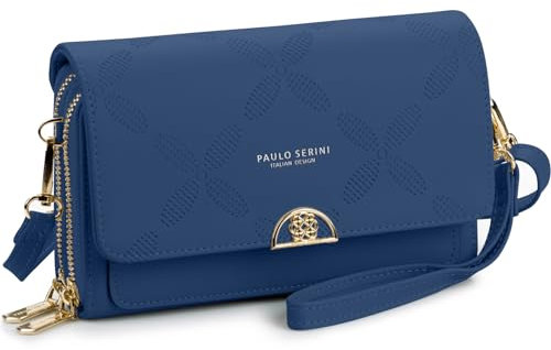 PAULO SERINI® Umhängetasche Damen | Handytasche zum Umhängen aus 100% veganem Leder | Handtasche Damen kleiner Crossbody Bag mit 2 Fächern & Reißverschluss | Women Purse Sky Blue | blau