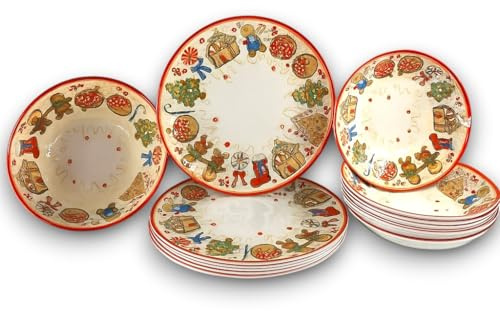 KORAT Set di 13 Piatti Natalizi in Melamina “Marzapane” Servizio Tavola Completo con 6 Piani, 6 Fondi e 1 Ciotola Decorazione Natalizia, Plastica, Lavabile in Lavastoviglie