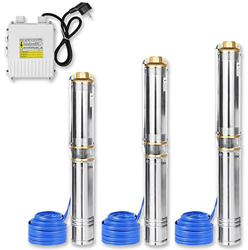 Froadp Ø92mm Edelstahl Tauchpumpe, Sandverträglich Tiefbrunnenpumpe Förderhöhe bis 67m mit Anschlusskabels und Steuerbox, Brunnenpumpen Fördermenge bis 4000L/h, Wasserpumpe für Garten Teiche (750W)