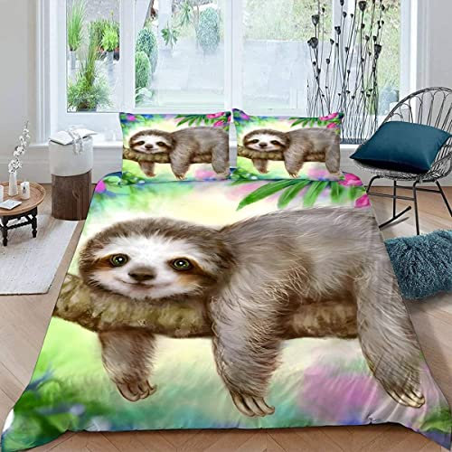 ALABOW Kawaii Faultier Bettwäsche Set 135x200 cm 2teilig mit Reißverschluss Weiche und Angenehme Schlafkomfort Microfaser Bettbezug Blumen Kinderbettwäsche mit Kissenbezug 80x80