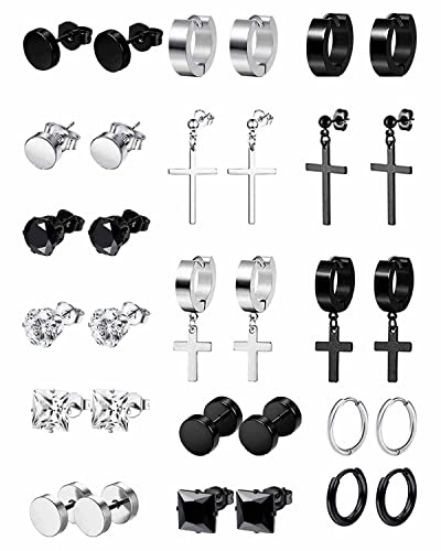 16Paire Acier Inoxydable Boucles d’Oreilles pour Homme Femme Noir Ronde Punk Croix Pendante Boucles d'Oreilles Petite Noires Anneau Boucles d'Oreilles Argent Zirconium D'oreilles Ensemble