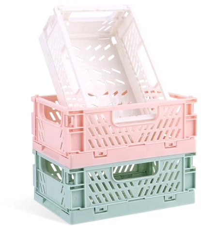 Jeffdad 3 Pack Pastel Crates, Collapsible Plastic Storage Baskets Mini Crates for Bedroom Office Classroom Kitchen Desktop Drawer Shelf (6 x 3.9 x 2.2in