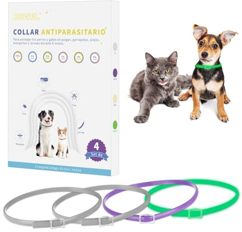 DEWEL Collares Antiparasitarios, Set de 4 Collar contra Pulgas y Garrapatas para Perros y Gatos, Collares Antipulgas 24-32 Meses de Protección(3 Colores, M 34.5 cm)