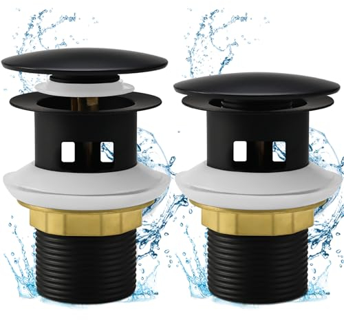 Cieex 2pcs Bonde de Lavabo Pop-up, Bonde Lavabo Salle de Bain Chromé, Bonde Lavabo avec Trop Plein pour Vasque Salle de Bain avec Un Trou de 1/4 (Noir)
