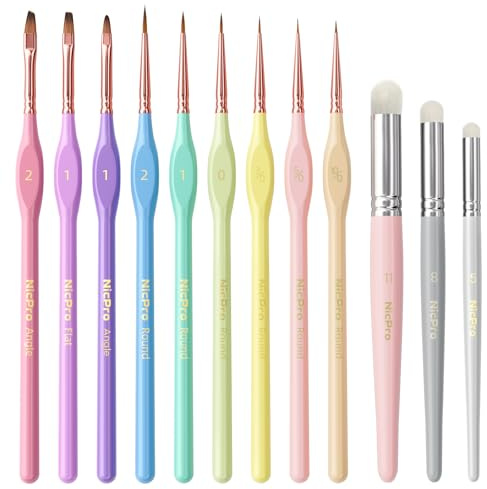 Nicpro 12PCS Fine Detail Paint Brush Drybrush Set, Aesthetic Pastel Fine Tip Miniature Paint Brushes for Acrylic Oil Watercolour, Crafts, Models, Miniatures, Rock Painting, Paint by Numbers