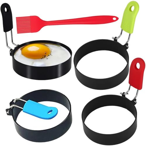 Egg Rings for Frying, 4 Pack Non Stick Egg Rings,Stainless Steel Frying Egg Ring Mold with Anti-Scald Folding Handle and an Oil Brush, Egg Circles for Fried Eggs Pancake Mini Burger Patty