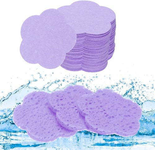 QUARKZMAN 60 Pcs Compressé Visage Éponges Fleur Visage Nettoyage Éponges Tampons pour Quotidien Soins Peau Routines à la Maison, Cuisine, Voyage, Violet