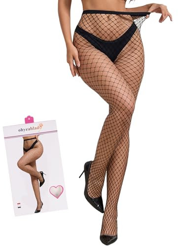 ohyeahlady Collant a Rete Curvy per Donna Taglie Forti XS-5XL Calze Autoreggenti Vita Alta Fantasia Mesh Stockings Fishnet Elastico Lingerie Socks Calzini Nylon Intimo 40-120KG Nero,L-XXL