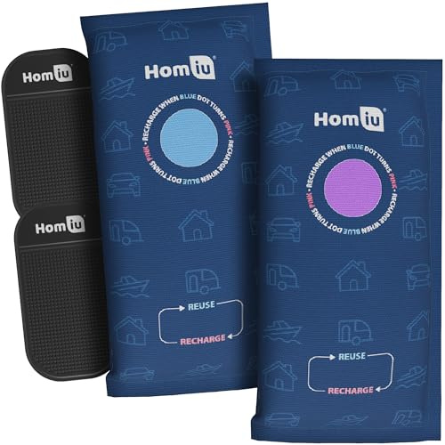 Homiu Borsa deumidificatore per auto riutilizzabile, 2 sacchetti deumidificatori interni auto da 1 kg e tappetino antiscivolo per cruscotto, deumidificatore riutilizzabile ricaricabile, assorbe
