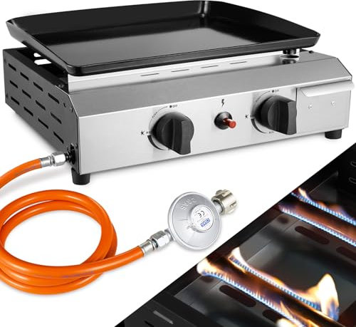 Plancha de Gas Portátil 4,8 KW, Parrilla de Barbacoa de Gas Portátil con 2 Quemadores de Acero Inoxidable, Superficie de Esmaltado Antiadherente, para Camping Jardín Balcón Exterior (Propano/Butano)