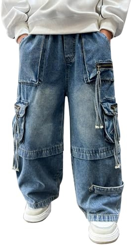 Cargo Jeans Junge Baggy Weites Bein Jeans mit Gummibund Y2K High Waist Cool Cargohosen Kinder Vantage Trend Hip Hop Hosen Gerade-Hosen Retro Jeanshosen (b-Light Blue, 12-13 Years)