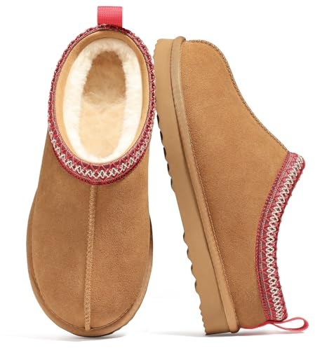 bebealy Genuine Suede Fuzzy Slippers for Women Winter Warm House Shoes Cozy Mini Boots for Indoor Outdoor, Brown 40