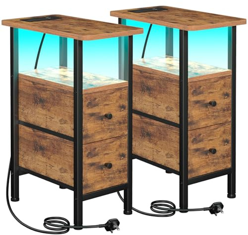 LOAKEKEL Narrow Bedside Table Set of 2, Slim Side Table for Bedroom | Bed Side Table Living Room with Charging Station, Sofa Table with 2 Fabric Drawers, Small Nightstand with LED Lights, Brown