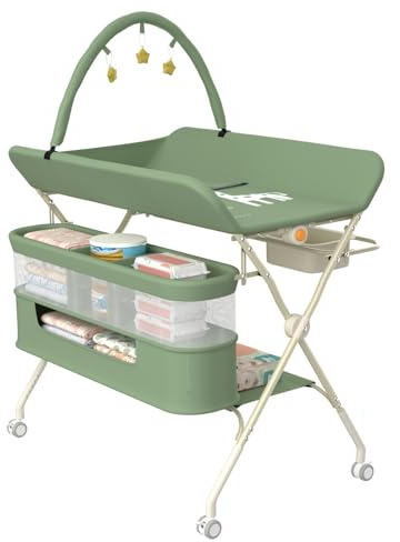 Table à Langer, Pliable, Réglable en Hauteur, Jusqu'à 15 kg, 0-36 Mois, Organiseur de Couches, 5 niveaux réglables, panier de rangement à suspendre pour nouveau-né, 75 * 68 * 83-91cm (B) Vert