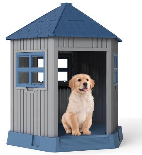 GOPLUS Hundkoja Utomhus, Hundkoja Väderbeständig Med Tak och Ventilation, Hundhus Med Upphöjt Golv, Husdjurshus För Inomhus och Utomhus, Hundgrotta Väderbeständig, Djurhus
