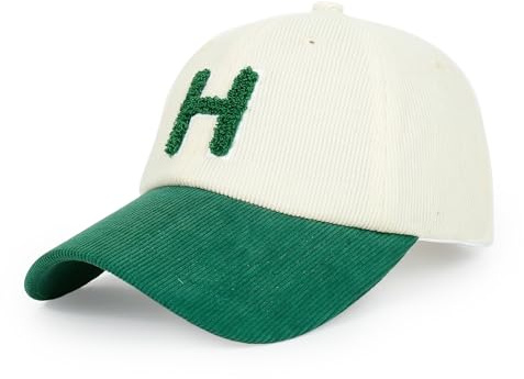 HH HOFNEN Baseball Cap Vintage Unstructured Corduroy Ball Cap Adjustable Color Block Workout Hat for Women and Men Beige/Green
