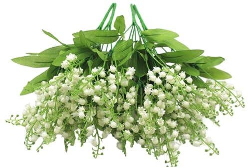 Hotainoys Lily of the Valley konstgjorda blommor 4 st verklighetstrogen vit lilja i dalen med 7 grenar, 7 löv och 21 huvuden långvariga plastblommor för bröllop, arrangemang