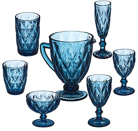 Relaxdays Set 7 Bicchieri Vetro, Look Vintage, Caraffa, 2 Calici Vino, Prosecco, Coppa Gelato, 2 Acqua, Blu Trasparente