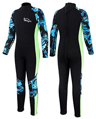 Yikayin Neoprenanzug Kinder, 2.5mm Lang Neopren Schwimmanzug Rücken-Reißverschluss, Warm Taucheranzug Jungen Mädchen zum Tauchen, Surfen, Schwimmen, Kajakfahren, SUP - Grüne Teens XS