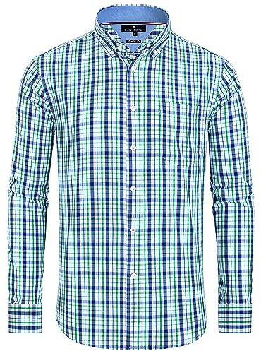 Alimens & Gentle Mens Plaid Shirt Green Navy Check Button Down Shirts Regular Fit Soft Dressy Work Long Sleeve Dress Shirts