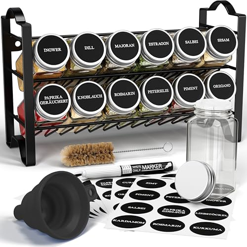 Deco haus® Gewürzregal Stehend & Wand [MIT GEWÜRZDOSEN & ETIKETTEN] - Spices Gewürz Organizer - Spice Rack Gewürzständer Gewürzregalsystem Hängend Gewürzaufbewahrung Gewürzgläser mit Regal