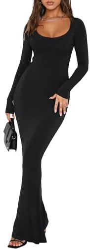 REORIA Womens Sexy Casual Scoop Square Neck Long Sleeve Soft Lounge Long Dress Fall Wedding Guest Elegant Ribbed Bodycon Maxi Dresses Black X-Small