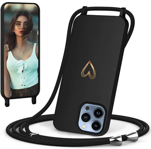 CaseLover Handyband kompatibel mit iPhone 14 Pro Hülle mit Band Herz Muster Silikon Necklace Handyhülle mit Abnehmbar Kordel zum Umhängen Stossfest Bumper Handy Schutzhülle für iPhone 14 Pro, Schwarz