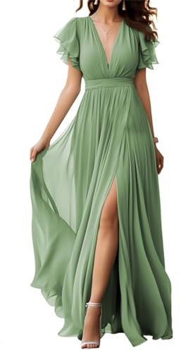 Abito da damigella d'onore in chiffon con scollo a V e maniche svolazzanti in chiffon pieghettato abiti da ballo formale per le donne, Verde salvia, 52