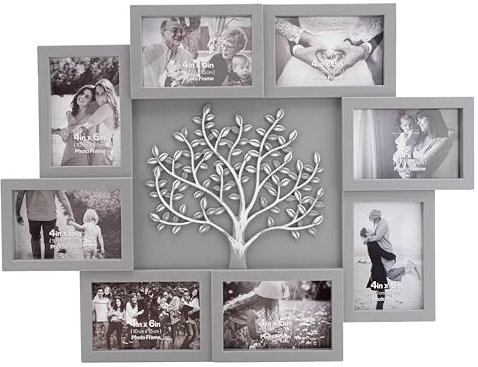 Family Tree Wall Hanging Collage Photo Frame with 6 Picture Holders by Thetford Design (Grey and Silver)