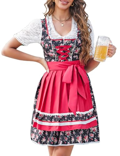 Zeagoo Dirndl dam midi traditionell klänning elegant oktoberfest klänningar 2 st. Traditionellt mode, klänning för Oktoberfest XS–XXL, Svart röd, M