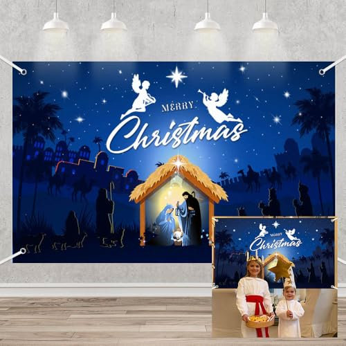 MEHOFOND 6x3.6ft Christmas Nativity Banner Backdrop Merry Christmas Nativity Barn Birth of Jesus Decorations Banner Blue Holy Scene Nativity Indoor Outdoor Wall Decoration Photography Background