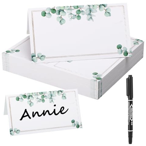 50 Pezzi Segnaposto per Matrimonio Elegante, Cartellini Tavolo Scritta Sedere Carta Pieghevole con Penna, Cartoncino di Tavolo Eucalipto per Decorazione Festa Celebrazione