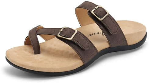 Athlefit Orthopedic Sandals for Women with Arch Support Adjustable Comfort Walking Orthotic Flip Flops Brown Size 8.5