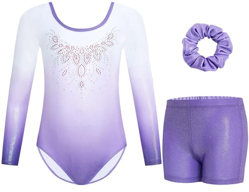 Gogokids Maillot de gimnasia de tres piezas para niña, de manga larga, con pantalones cortos y cinta para el pelo, ropa de gimnasia con diseño degradado para 8-9 años, lila y blanco, 130(120-130
